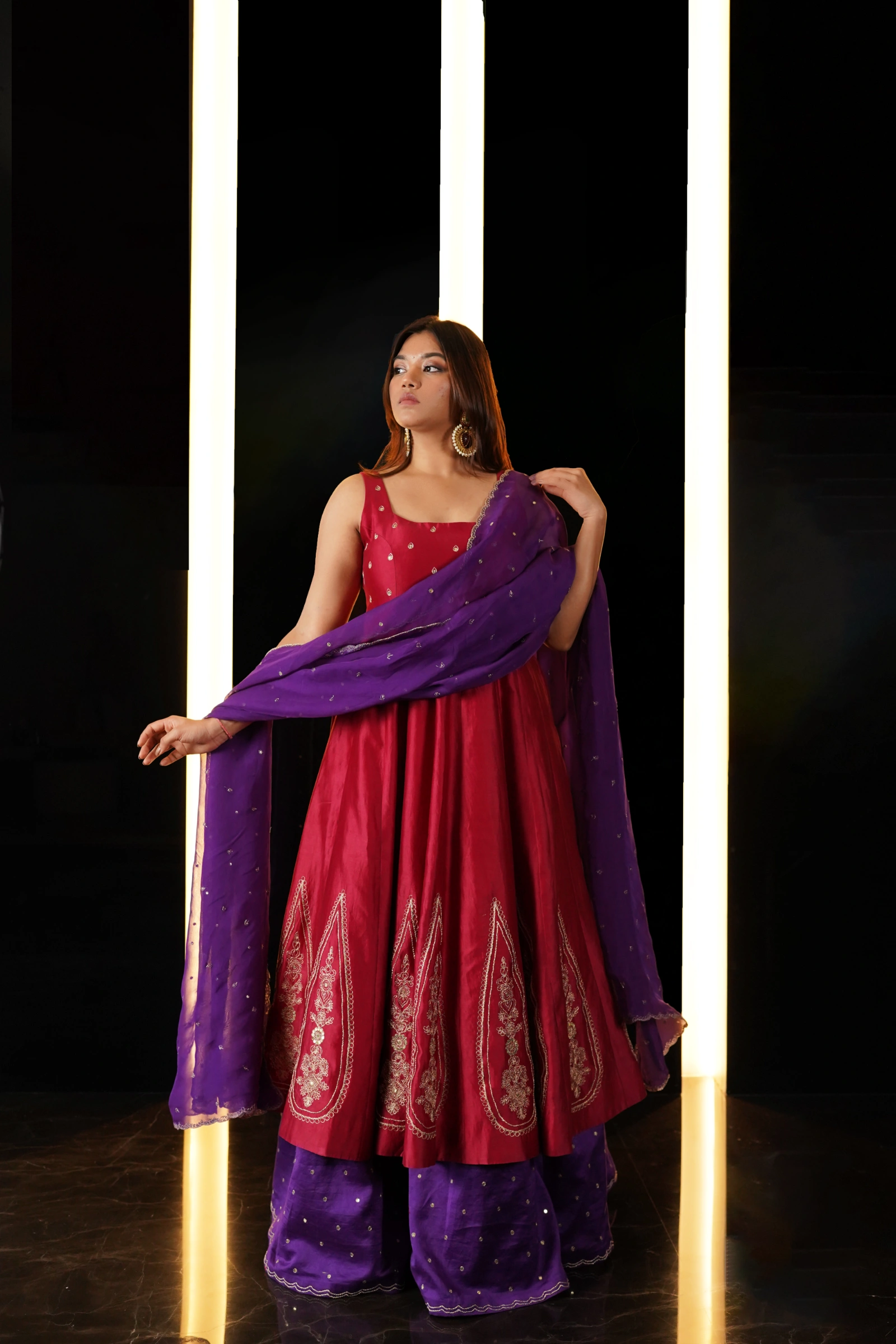 Plum Long Kurta with Contrast Dupatta