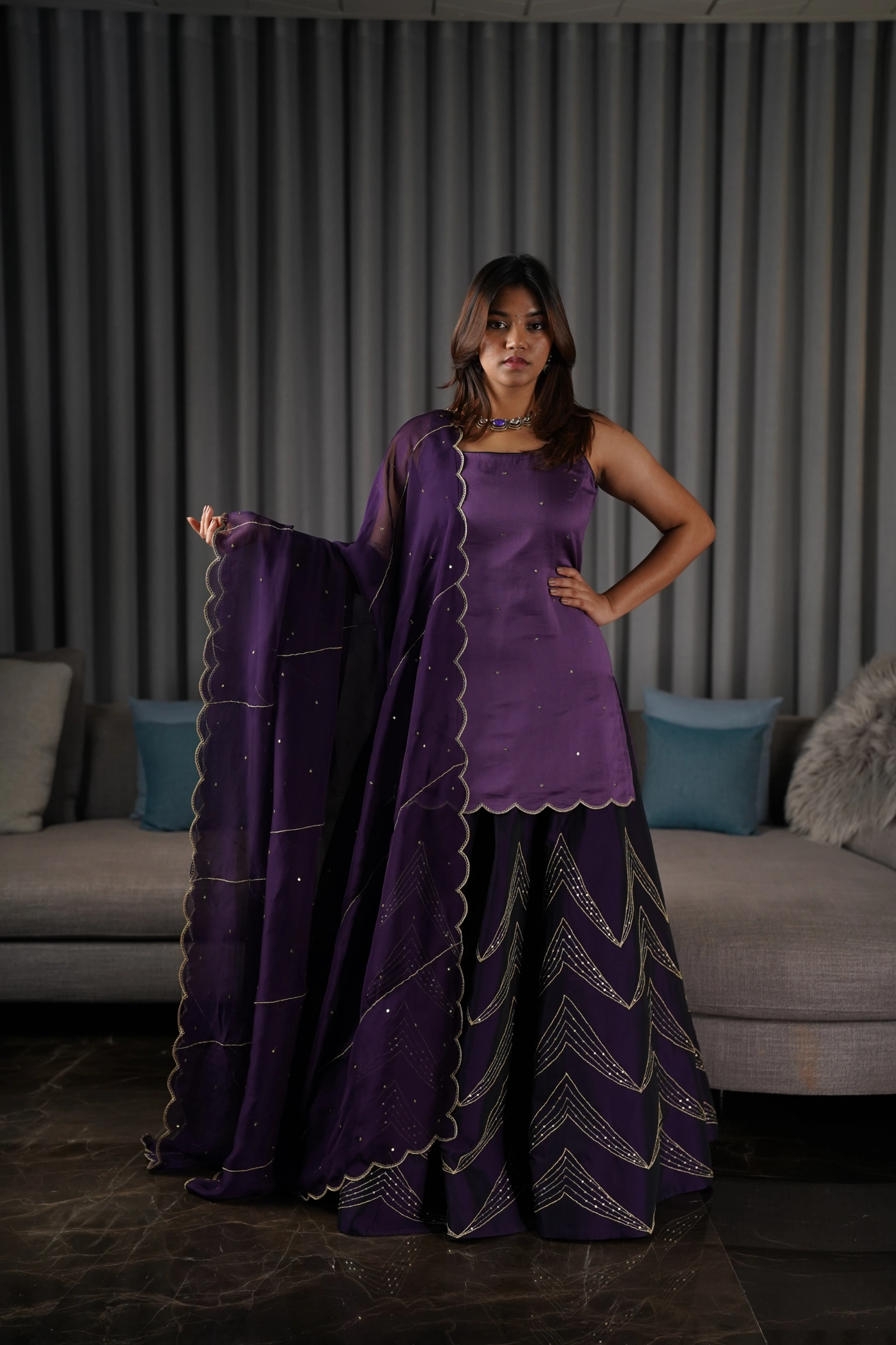 Purple Chaniya Choli with Layered Skirt