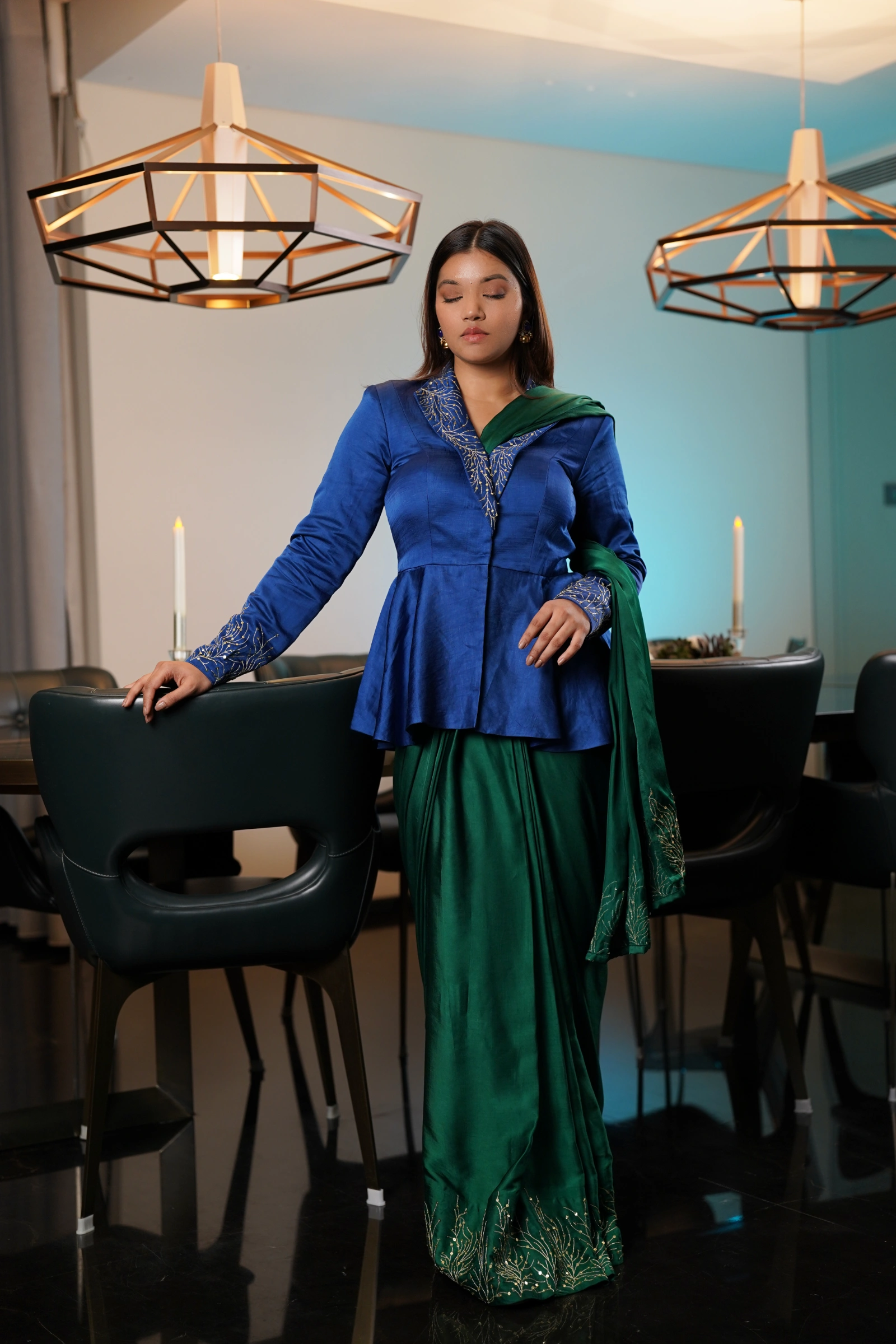 Cobalt Blue Corset Saree with Green Draped Pallu