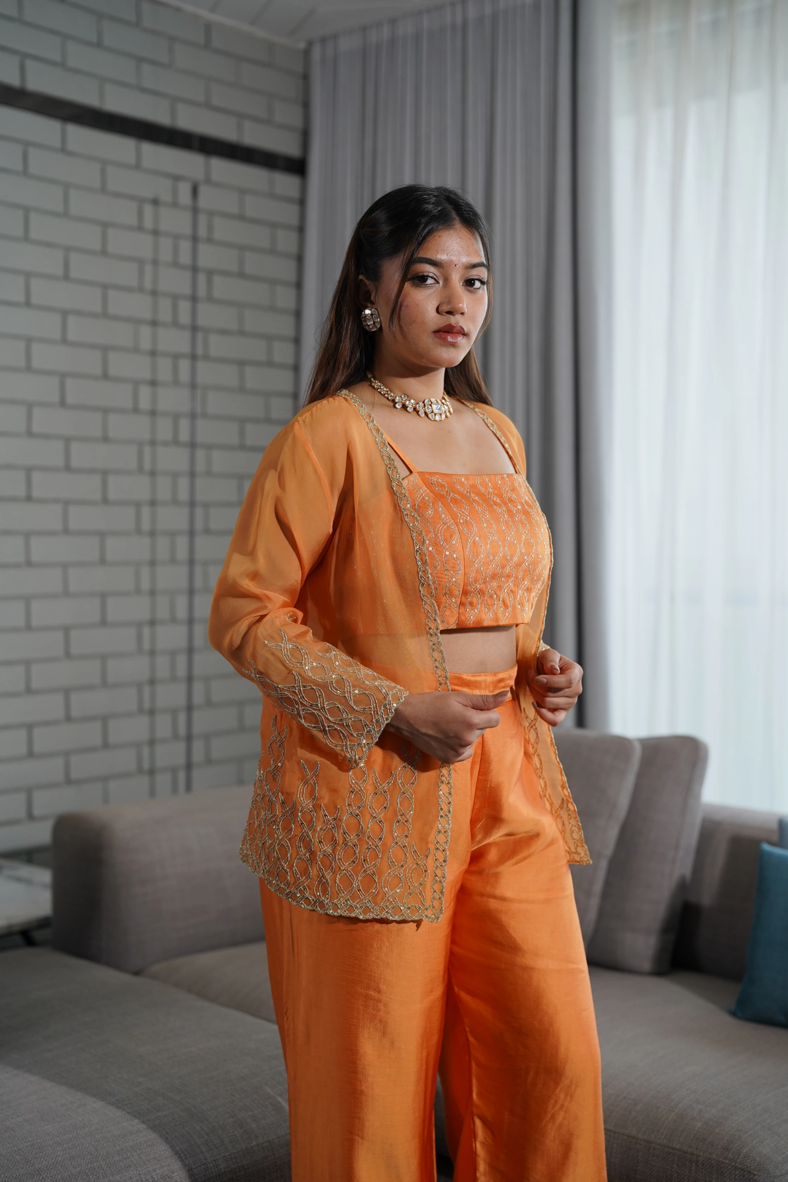 Burnt Orange Kurta and Pant Set with Embellished Blouse