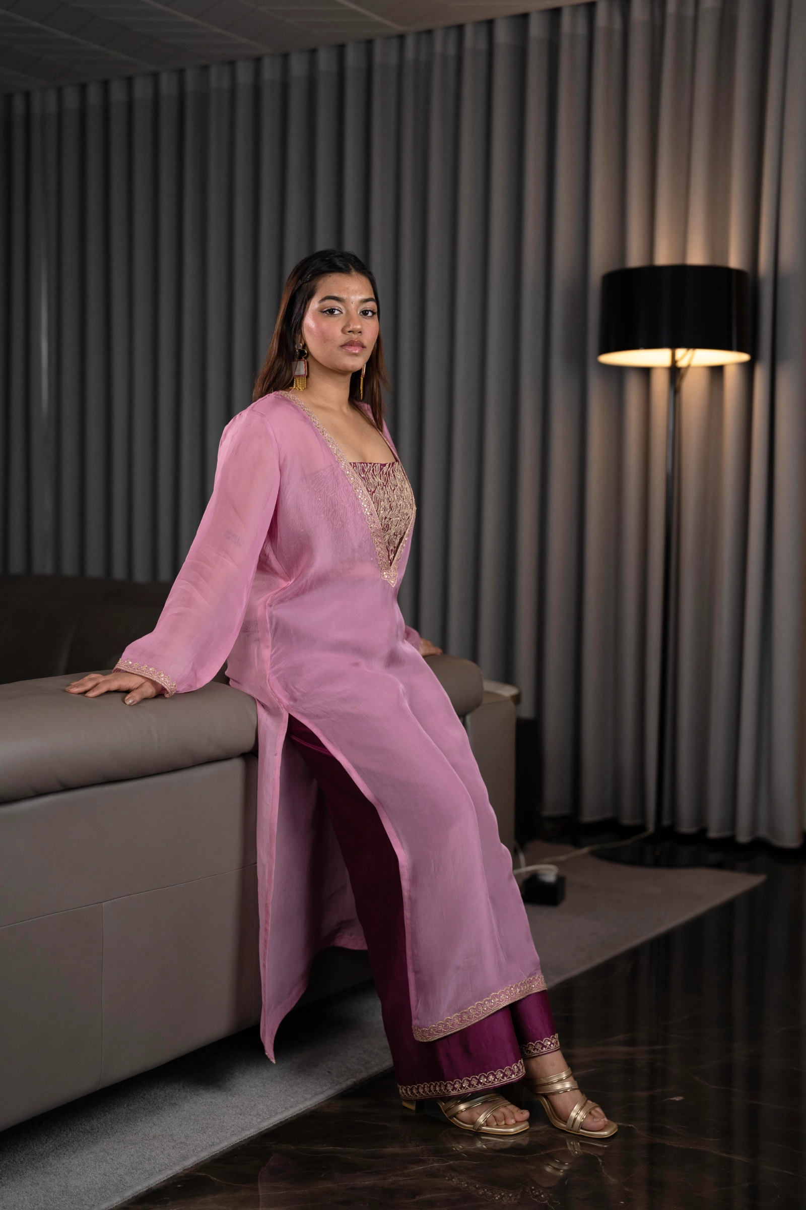 Wine Transparent Long Kurta with Embroidered Hem