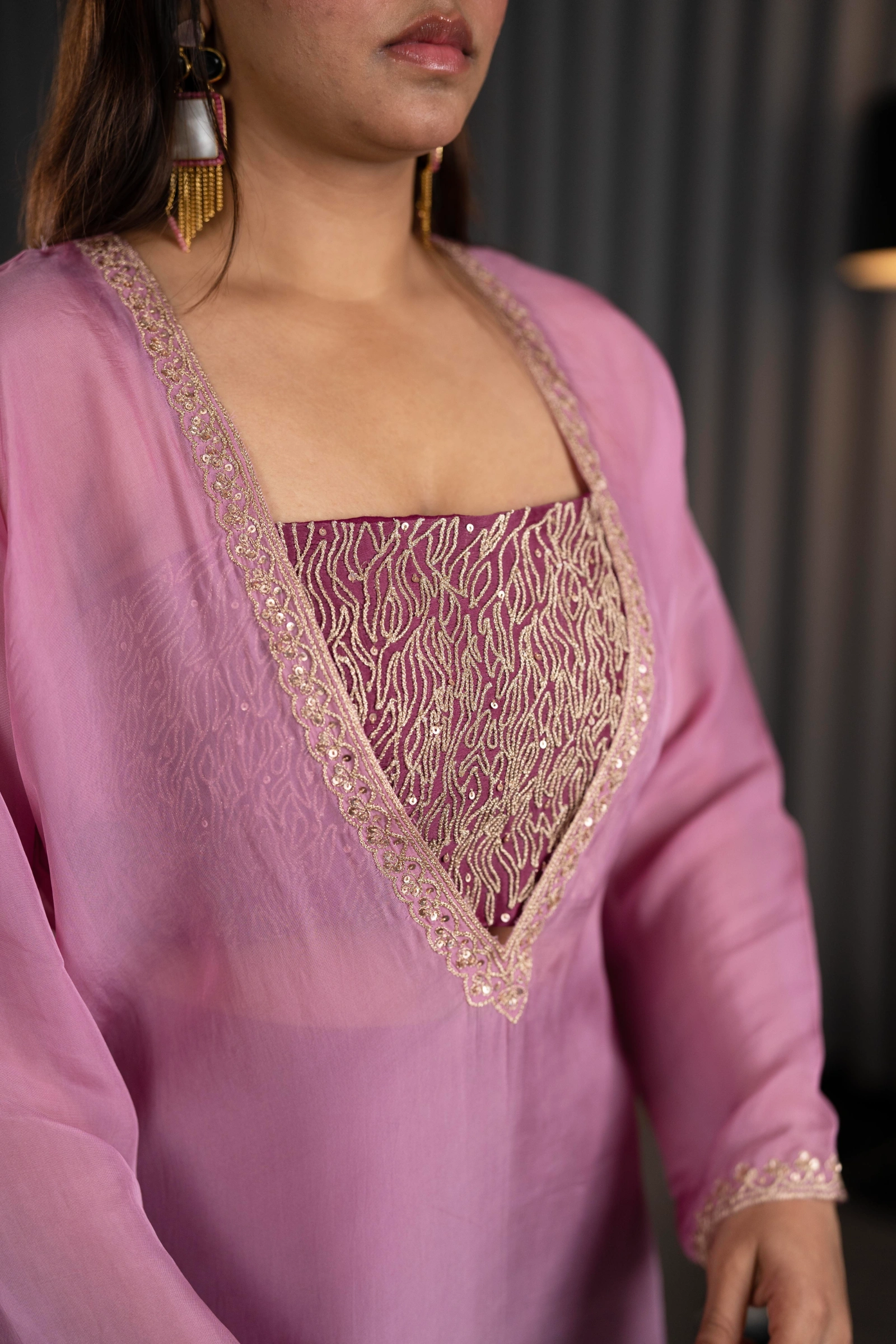 Wine Transparent Long Kurta with Embroidered Hem - Image 3