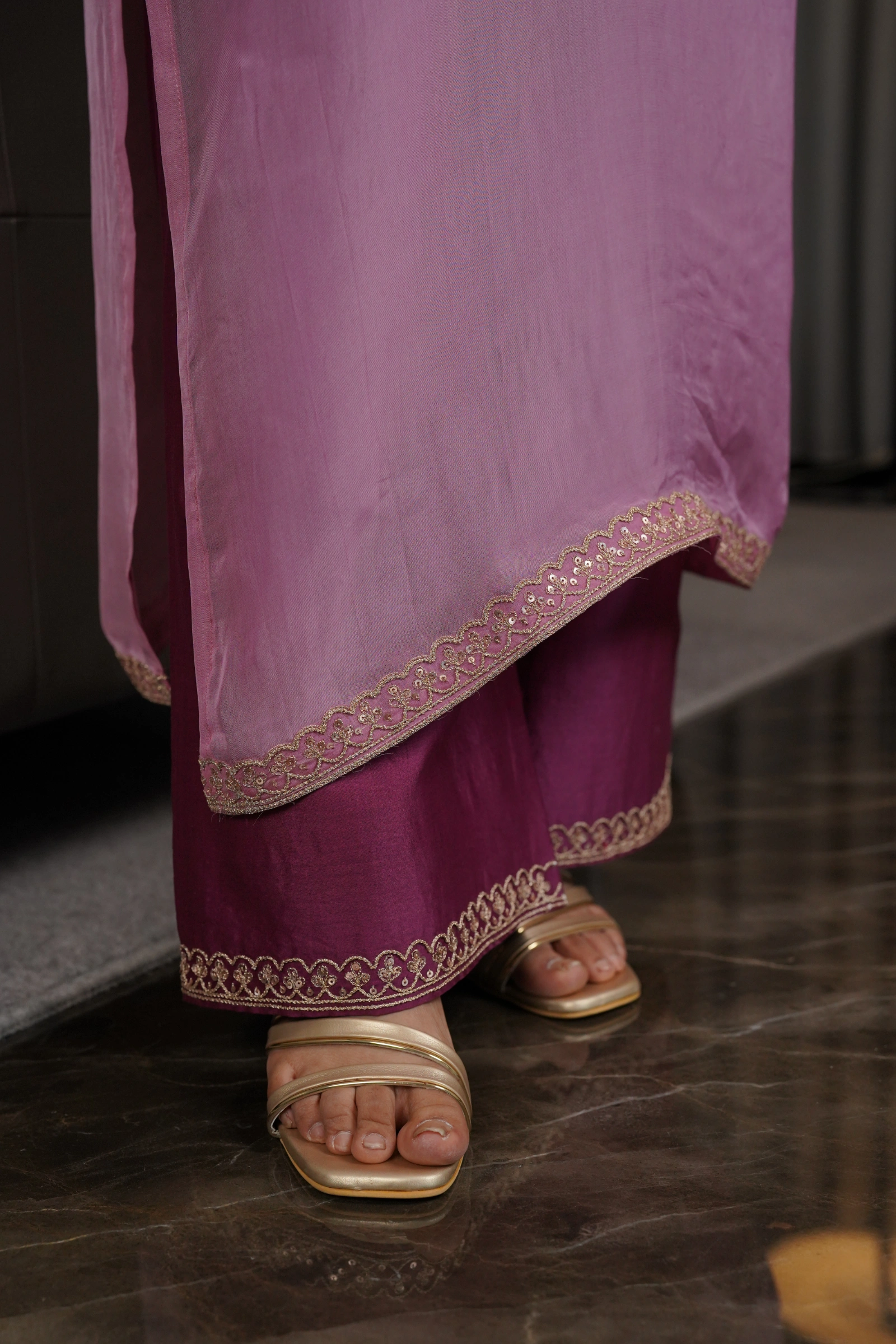 Wine Transparent Long Kurta with Embroidered Hem - Image 4