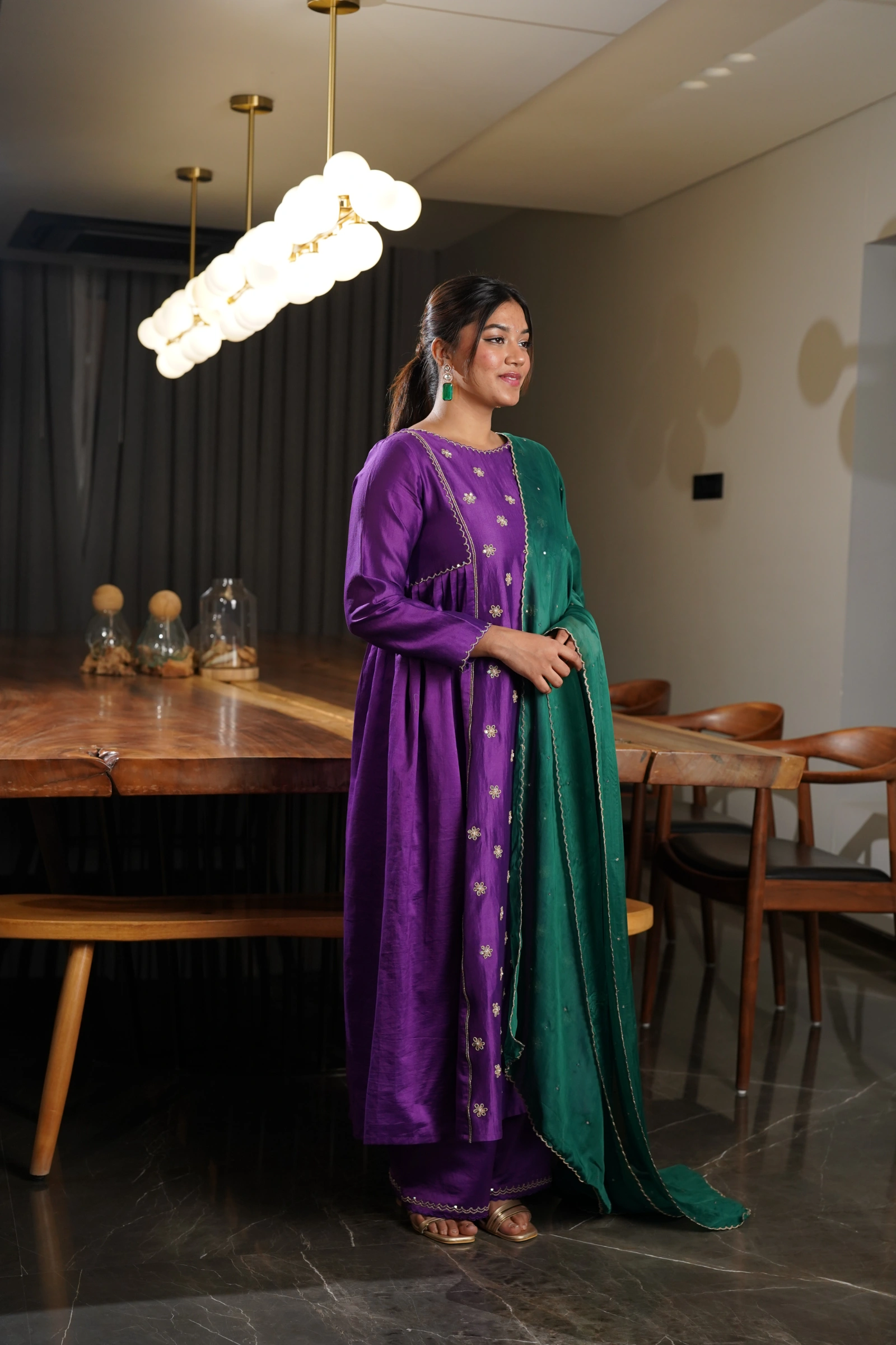 Purple Kurta Set with Contrast Green Dupatta