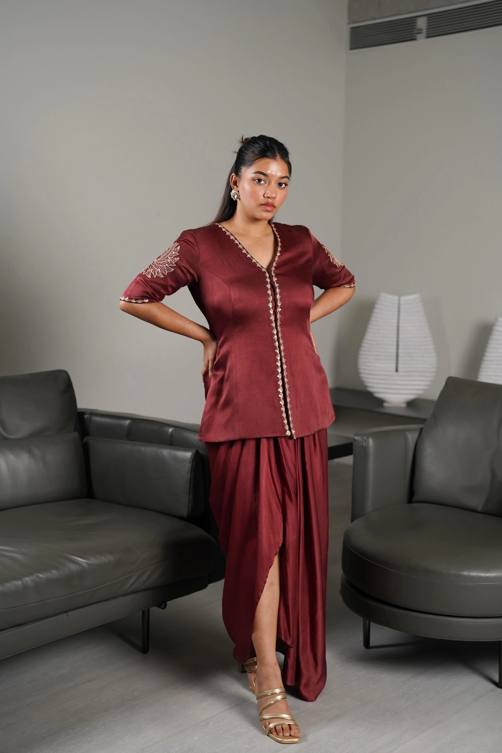 Brown Draped Skirt Set with Tailored Kurta