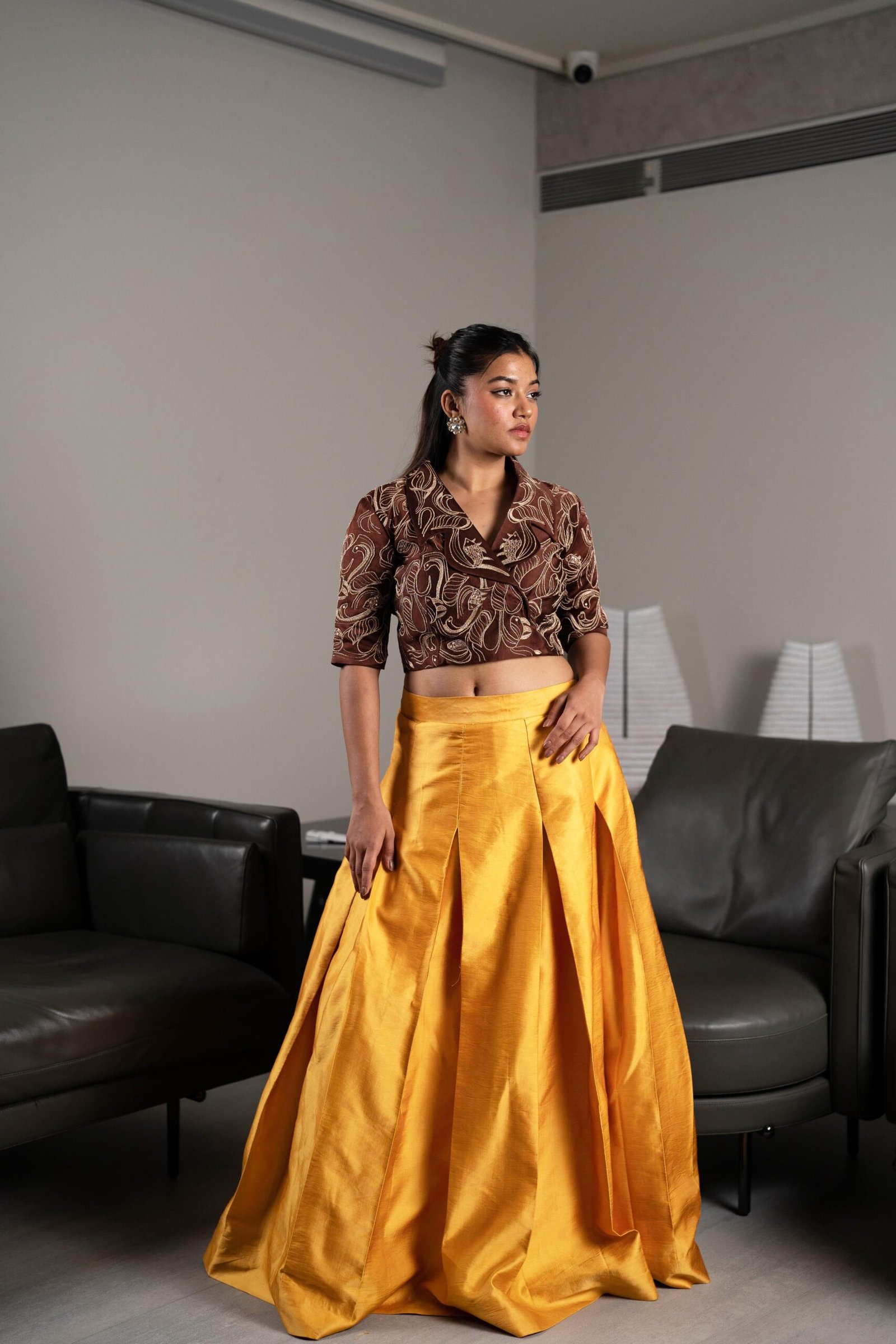 Mustard Yellow Draped Skirt with Printed Blouse