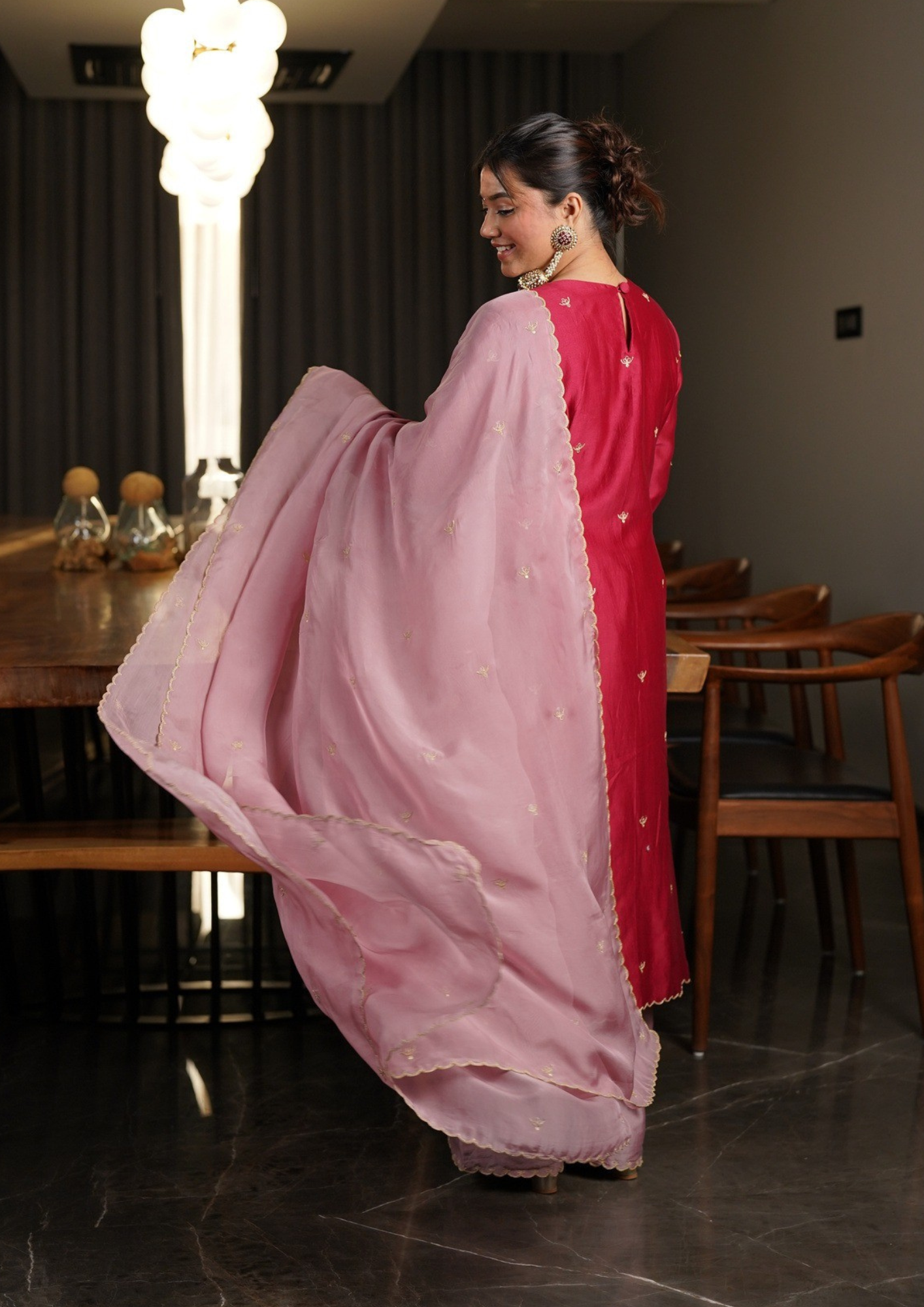 Blush Pink Saree with Contrast Red Pallu