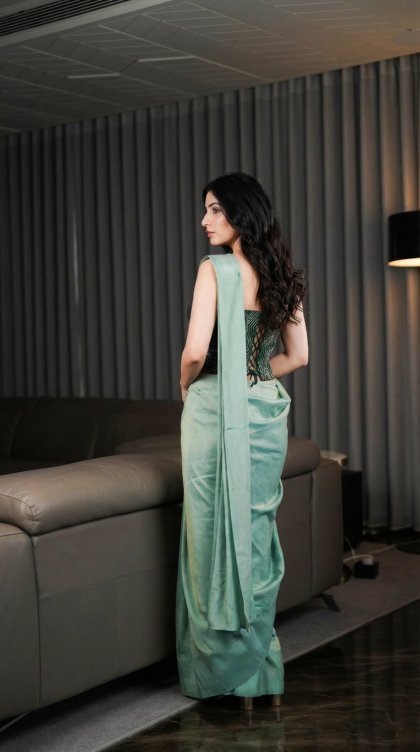 Mint Green Draped Saree with Structured Blouse - Image 3