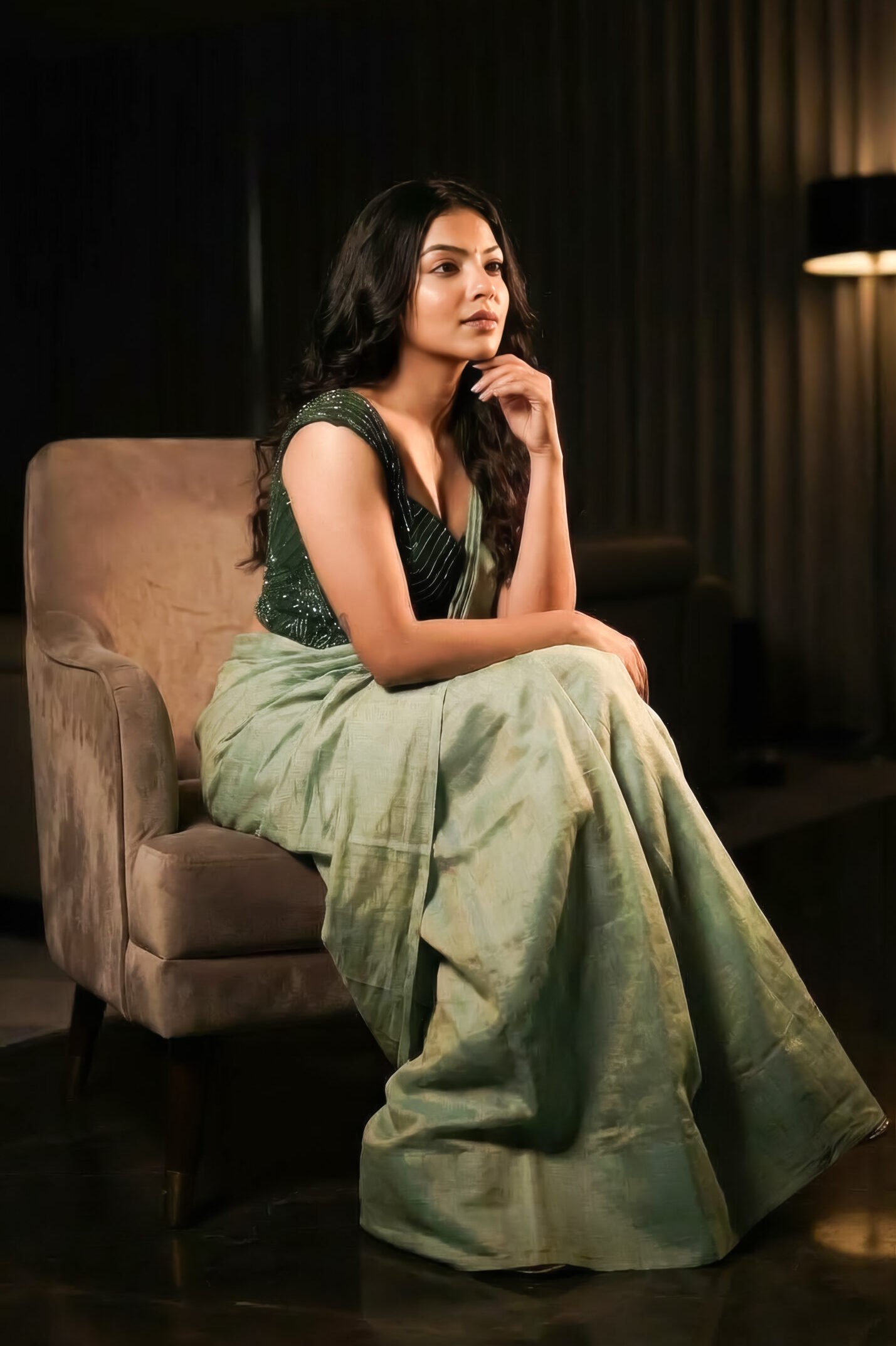 Mint Green Draped Saree with Structured Blouse - Image 2