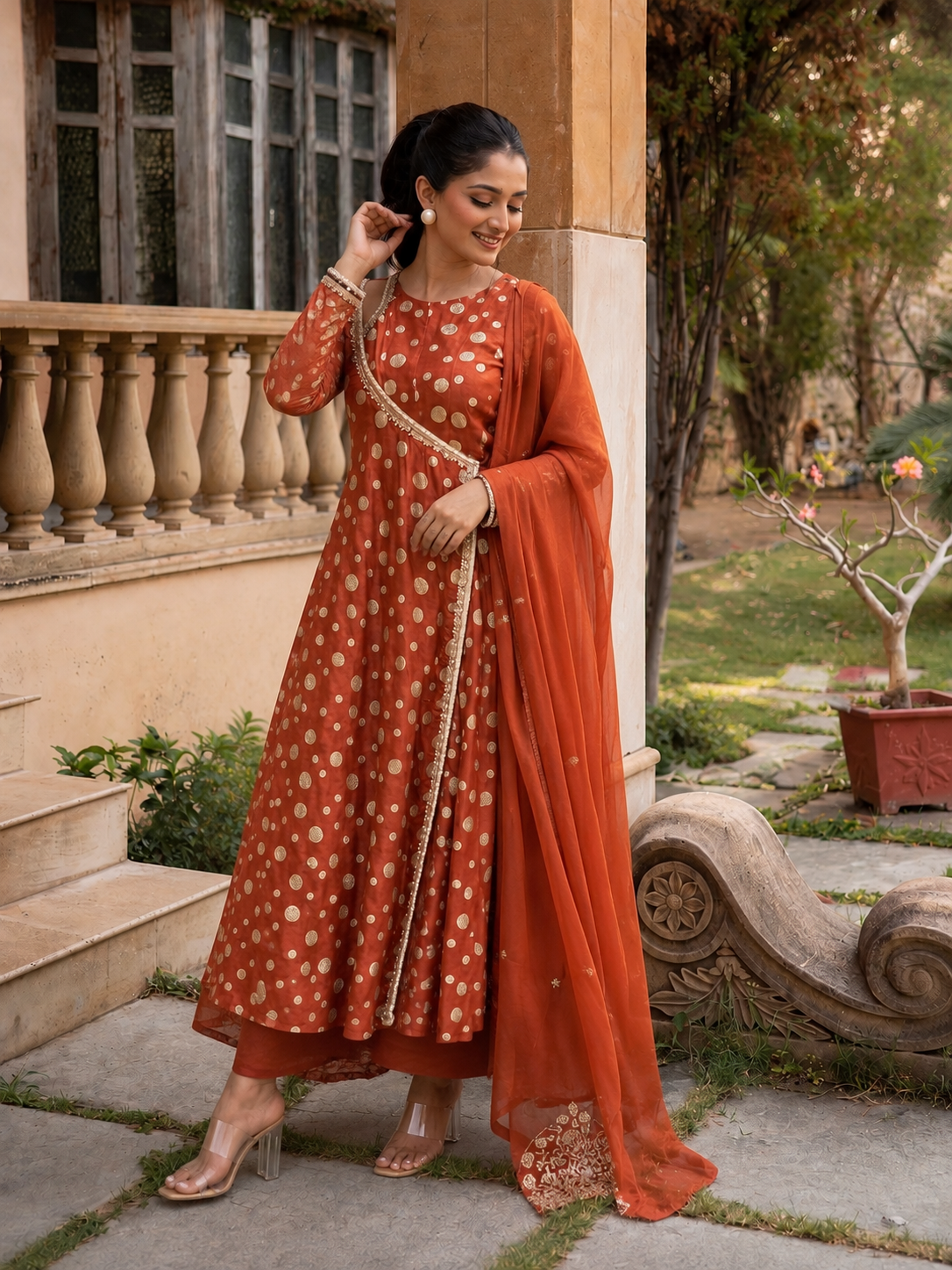Rust Angrakha Kurta Set With Dupatta