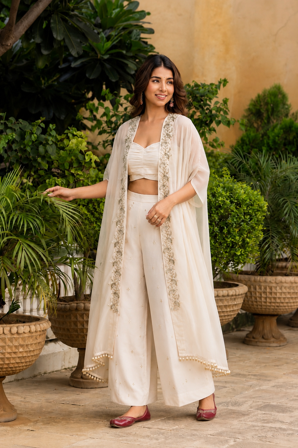 Ivory Embroidered Palazzo Set With Sheer Cape
