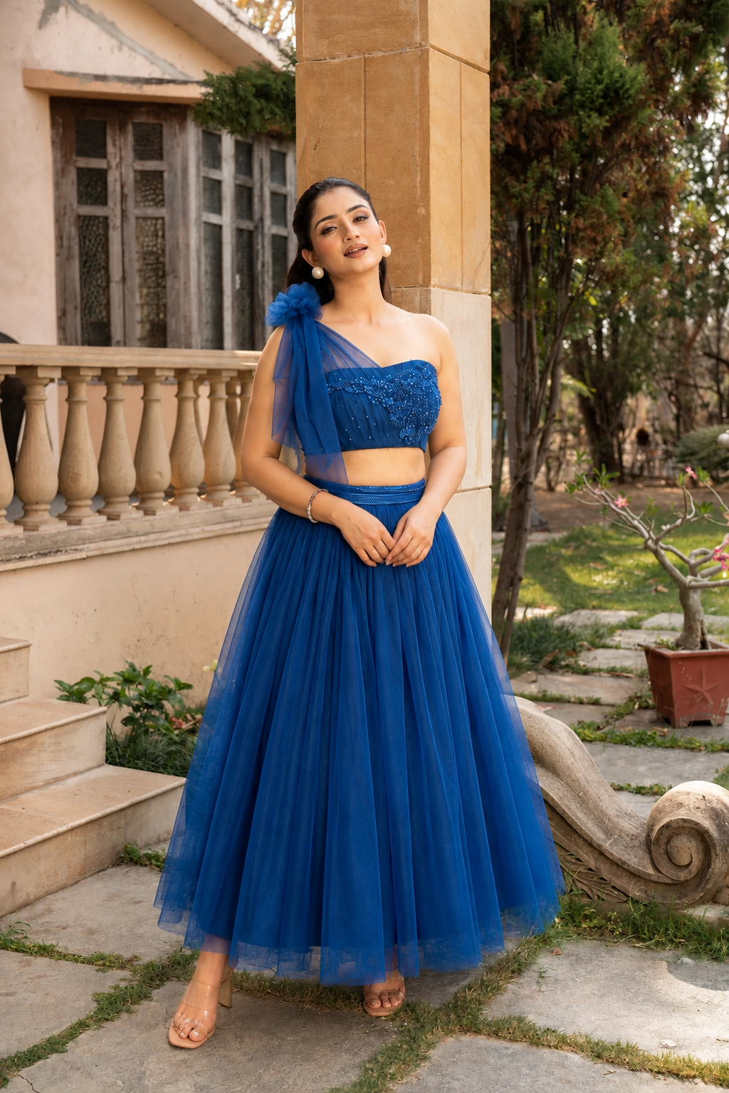 Royal Blue Embroidered Blouse With Tulle Skirt