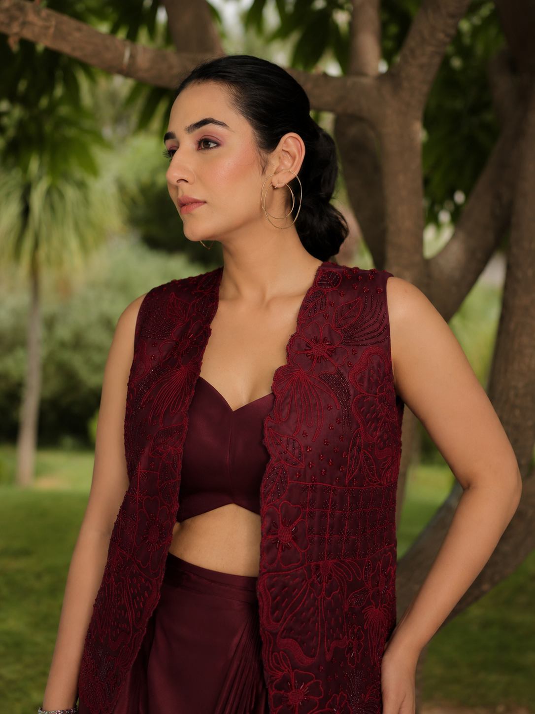 Wine Draped Skirt With Hand Embroidered Jacket