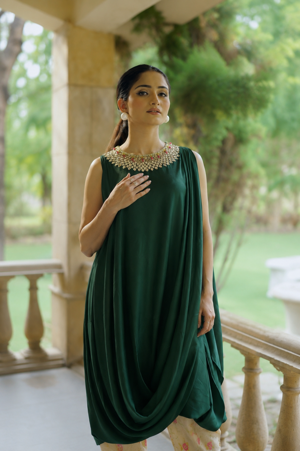 Green Cowl Top With Banarasi Pants
