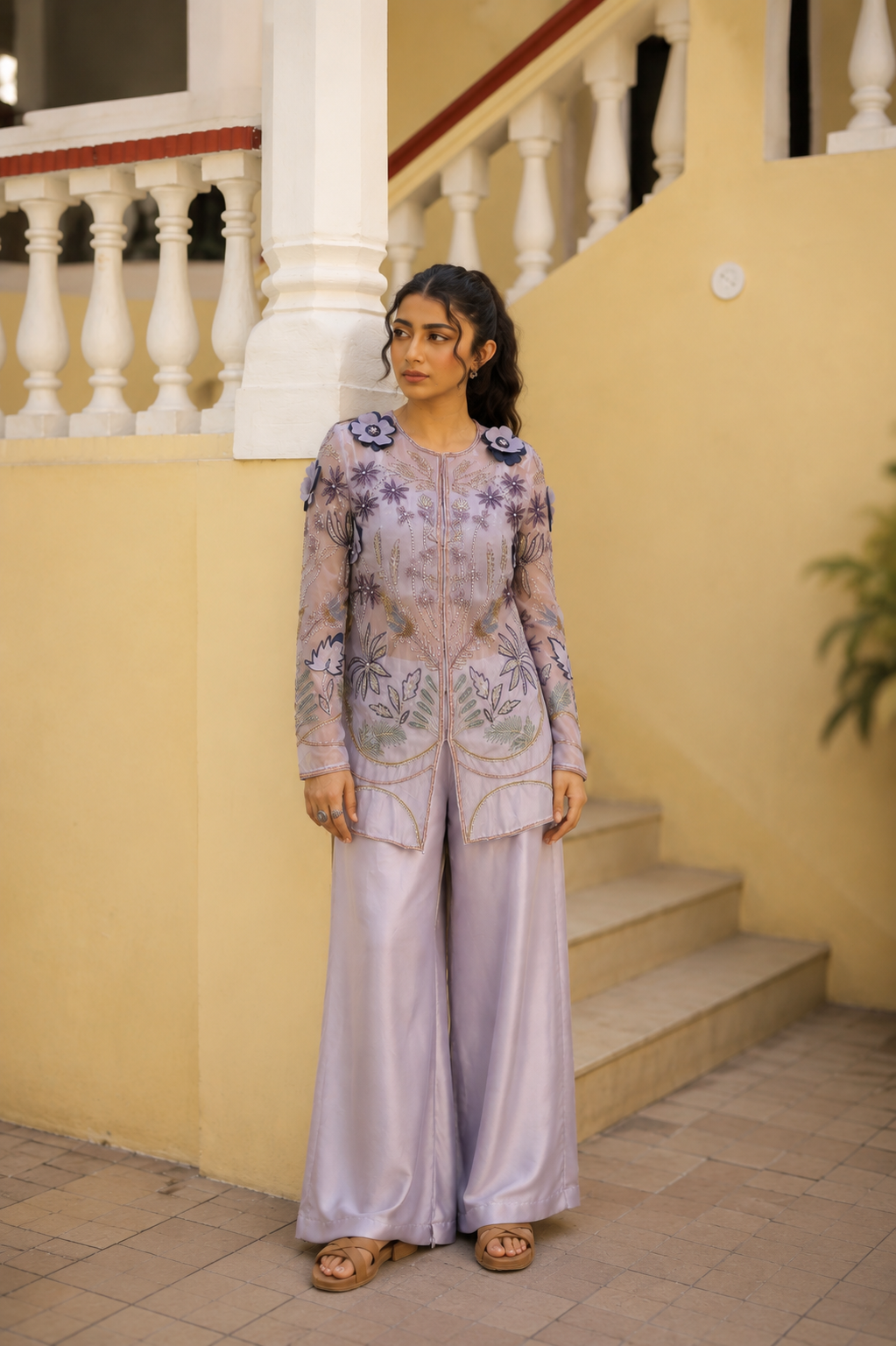 Lilac Floral Embroidered Palazzo Set