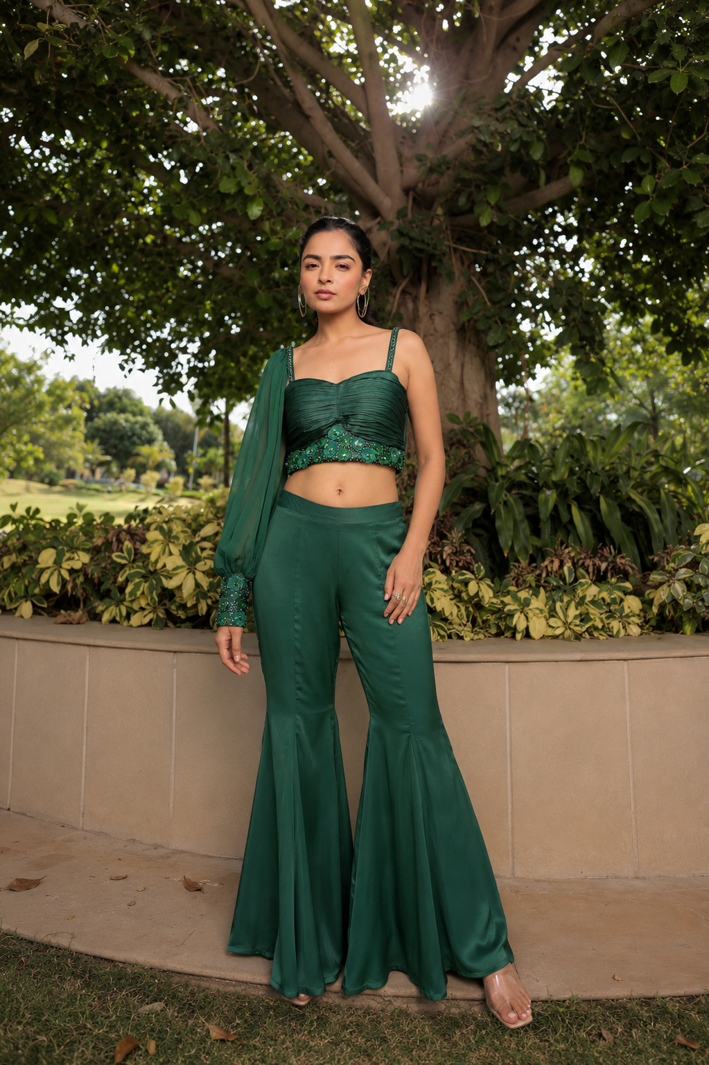 Green Embellished Bustier With Flared Pants