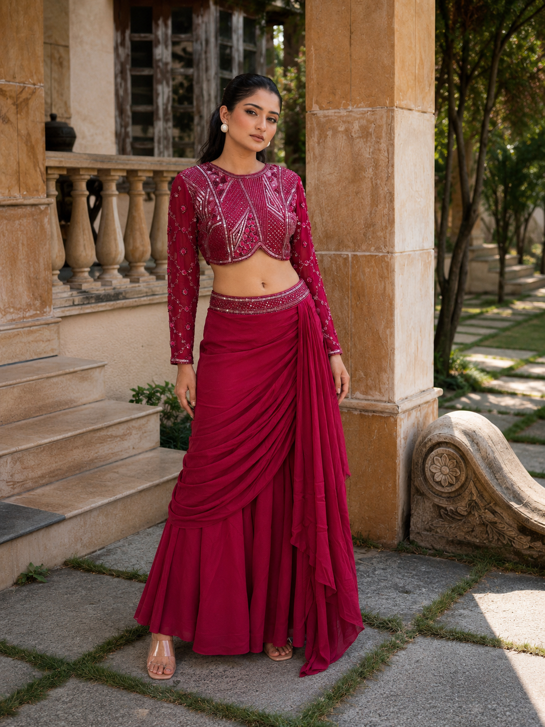Maroon Cutdana Crop Blouse With Draped Skirt