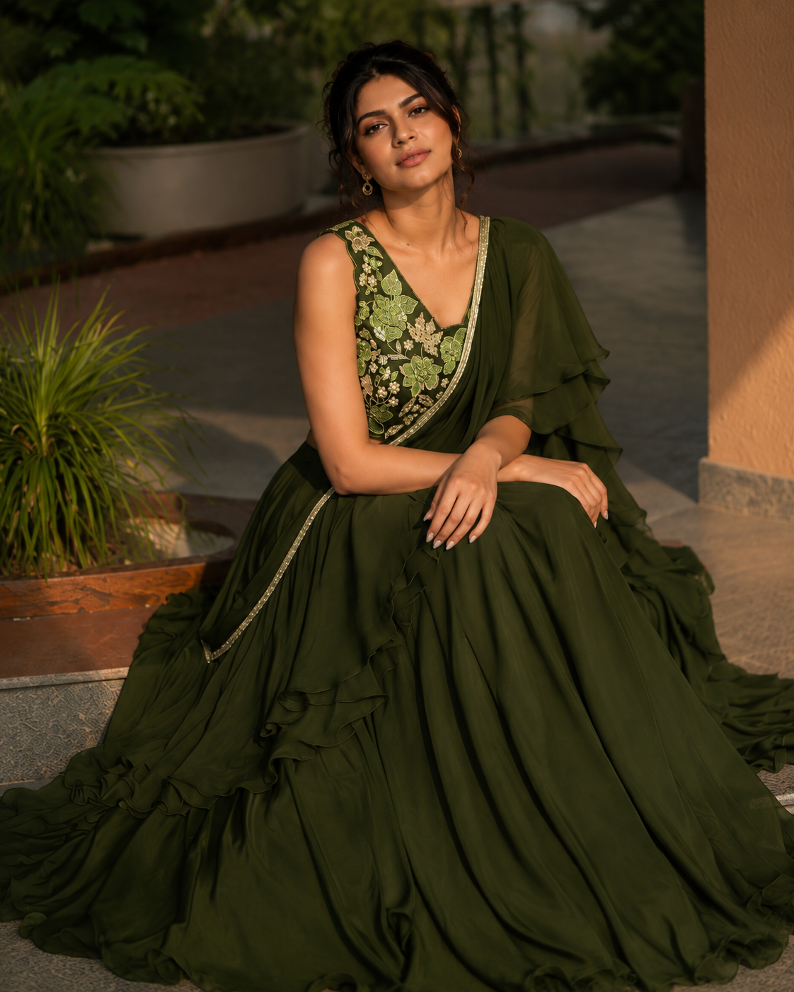 Olive Green Ruffle Saree With Handworked Blouse